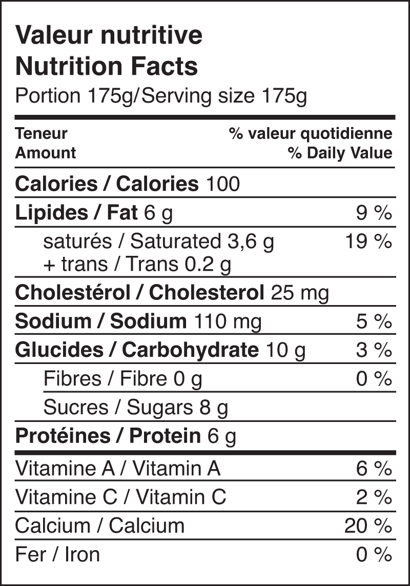 Valeur nutritive yogourt3.25 Bedouin